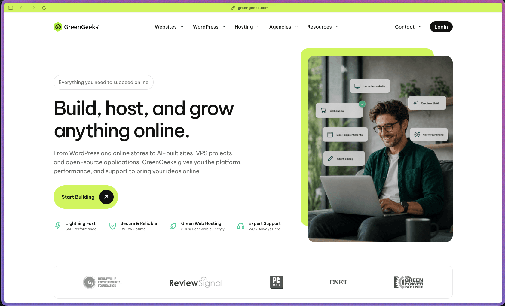 GreenGeeks homepage at greengeeks.com showing an eco-friendly web hosting provider founded in 2008 and hosting 600,000+ websites for 55,000+ customers. US EPA Green Power Partner since 2009; 300% renewable energy match via Bonneville Environmental Foundation; 1 tree planted per hosting account. Rated 4.5/5 on Trustpilot from 1,583 reviews and 4.8/5 by HostingAdvice; A+ BBB rating. Three shared hosting plans (Lite, Pro, Premium): all include managed WordPress (LiteSpeed Cache, automatic updates, advanced WP security, WooCommerce, WP-CLI, SSH, Git, staging environment, free migration), daily automated backups, free SSL (Let's Encrypt), free CDN, free domain first year, unmetered bandwidth, cPanel, 150+ 1-click app installs, AI website builder (drag-and-drop, 150+ templates, AI content), unlimited databases, multi-user access, enhanced server security, 99.9% uptime guarantee, 30-day money-back guarantee. Pro adds on-demand backups, priority support, WordPress Repair Tool.