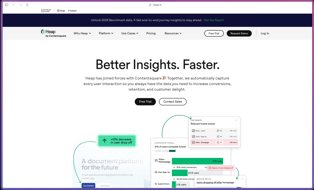 Heap homepage at heap.io showing a digital product analytics platform used by 10,000+ companies including Twitch, Wayfair, Logitech, and Casper. Rated 4.4/5 on G2 from 1,097 reviews; G2 Leader in Product Analytics. Now part of the Contentsquare group. Founded 2013. Freemium model: free tier available (6 months data history, core analytics charts, SSO); paid Growth and Enterprise tiers custom-priced by session volume.