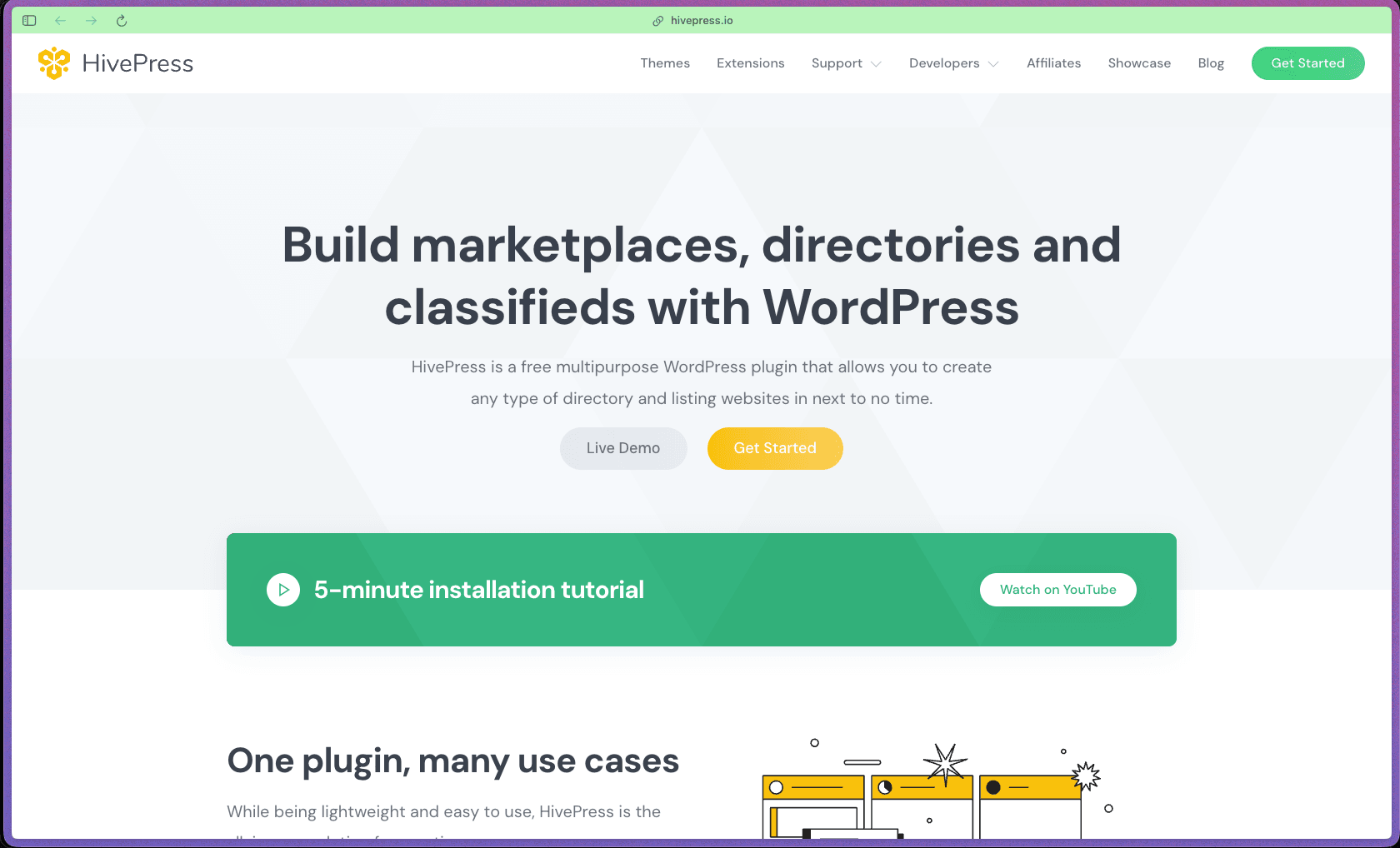 HivePress homepage at hivepress.io showing a free WordPress directory and marketplace plugin with 10,000+ active installations and active maintenance through May 2026. Open-core model: free core plugin on WordPress.org; premium extensions and themes sold as annual subscriptions. Covers business directories, classified ads, job boards, real estate listings, rental marketplaces, and service booking platforms from one plugin. Core features include: configurable listing types with custom fields (text, select, date, file, number, image, checkbox, radio), front-end listing submission with moderation queue, user-facing front-end dashboards, listing search and filtering by any custom attribute, listing categories and taxonomies, user profiles with listing history.