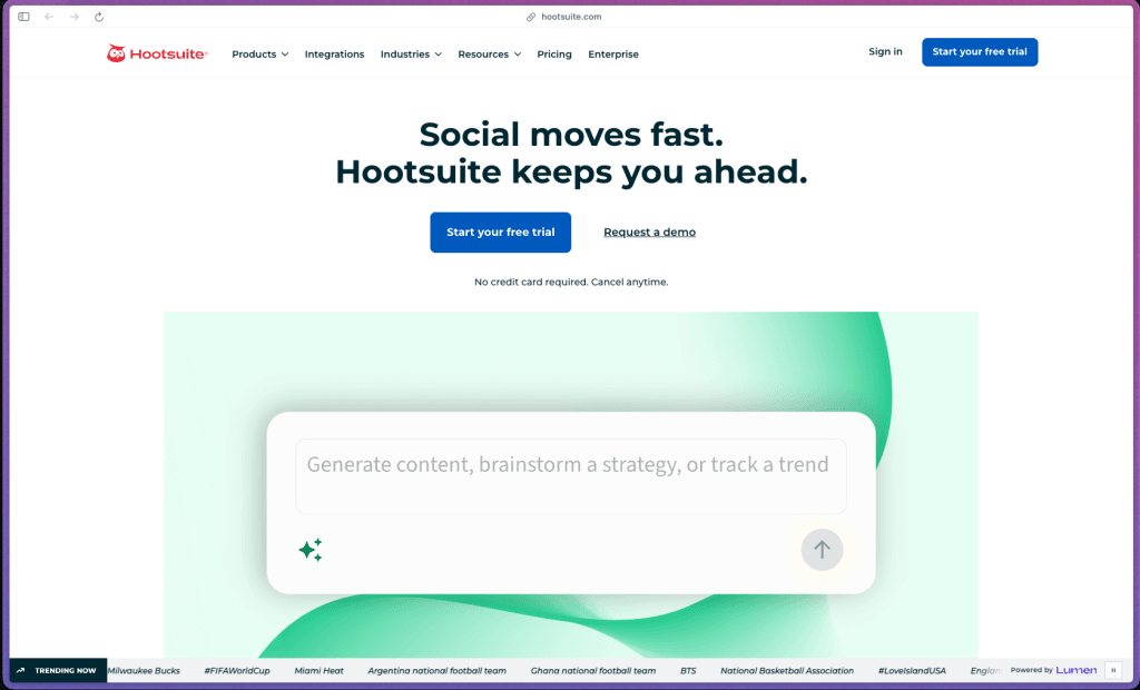 Hootsuite homepage at hootsuite.com showing a social media management platform trusted by 18 million+ customers and 80%+ of the Fortune 1000. Rated 4.3/5 on G2 from 7,713 reviews; G2 2026 Best Software Product in marketing; ranked #1 in social listening in G2 Summer 2025. Founded 2008. No free plan (free trial discontinued March 2023); 14-day free trial with no credit card required on all paid plans. Per-user annual subscription: Standard (up to 10 accounts, 1 user), Professional (unlimited accounts, trend forecasting, custom reports), Advanced (approval workflows, team routing, team analytics), Enterprise (custom pricing, SSO, compliance archiving).