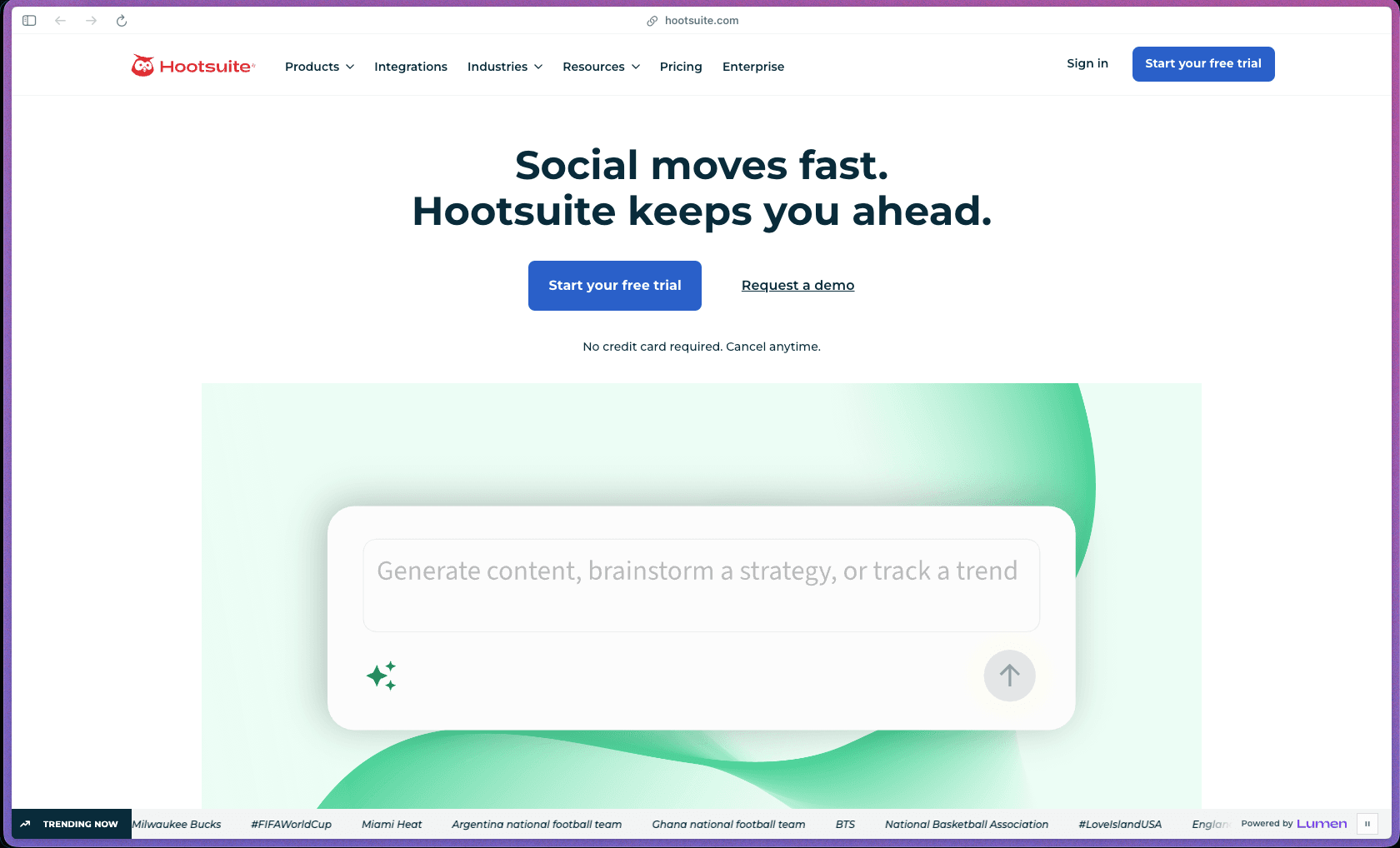 Hootsuite homepage at hootsuite.com showing a social media management platform trusted by 18 million+ customers and 80%+ of the Fortune 1000. Rated 4.3/5 on G2 from 7,713 reviews; G2 2026 Best Software Product in marketing; ranked #1 in social listening in G2 Summer 2025. Founded 2008. No free plan (free trial discontinued March 2023); 14-day free trial with no credit card required on all paid plans. Per-user annual subscription: Standard (up to 10 accounts, 1 user), Professional (unlimited accounts, trend forecasting, custom reports), Advanced (approval workflows, team routing, team analytics), Enterprise (custom pricing, SSO, compliance archiving).