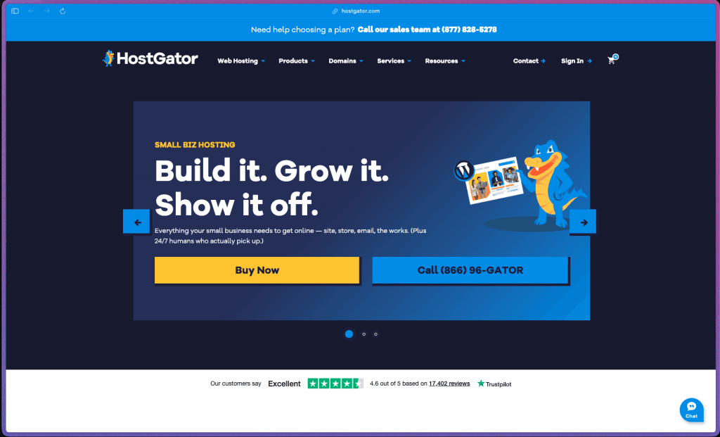 HostGator homepage at hostgator.com showing a web hosting provider in operation since 2002, rated 4.6/5 on Trustpilot from 17,219 reviews. Part of Newfold Digital (formerly Endurance International Group). Annual subscription pricing with introductory promotional rates and 30-day money-back guarantee; no free hosting tier. Hosting types: Shared (Hatchling 10GB SSD, Baby 20GB SSD, Business 50GB SSD, Pro 100GB SSD), WordPress Hosting, VPS (Snappy 2000/4000/8000 with SSD and root access), Dedicated Servers (Value, Power, Enterprise).
