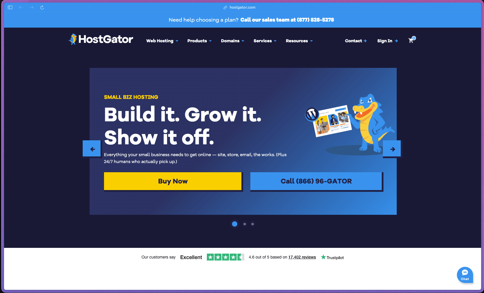 HostGator homepage at hostgator.com showing a web hosting provider in operation since 2002, rated 4.6/5 on Trustpilot from 17,219 reviews. Part of Newfold Digital (formerly Endurance International Group). Annual subscription pricing with introductory promotional rates and 30-day money-back guarantee; no free hosting tier. Hosting types: Shared (Hatchling 10GB SSD, Baby 20GB SSD, Business 50GB SSD, Pro 100GB SSD), WordPress Hosting, VPS (Snappy 2000/4000/8000 with SSD and root access), Dedicated Servers (Value, Power, Enterprise).