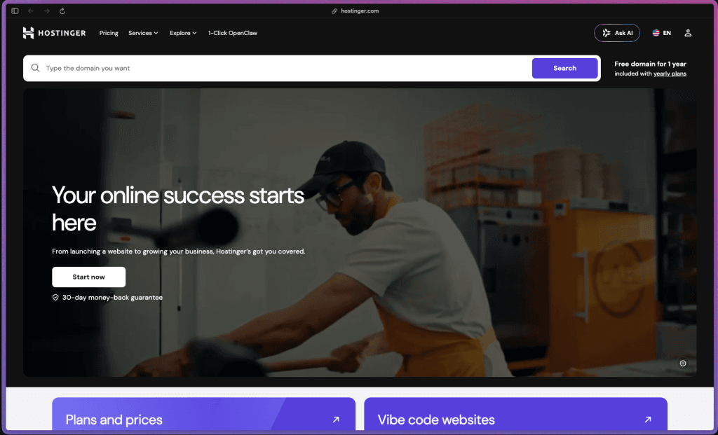 Hostinger homepage at hostinger.com showing a web hosting provider serving 29 million+ customers across 150+ countries since 2004. Rated 4.7/5 on Trustpilot from 69,634 reviews; rated 4.4/5 on G2 from 819 verified reviews; ranked #1 in 5 G2 shared hosting categories. Introductory annual subscription pricing with significant renewal rate increases (271–308% depending on plan) — 30-day money-back guarantee; no free tier. Hosting types: Shared Hosting (Single 50GB SSD, Premium 100GB SSD, Business 200GB NVMe, Cloud Startup 200GB NVMe), Managed WordPress Hosting, KVM VPS Hosting.