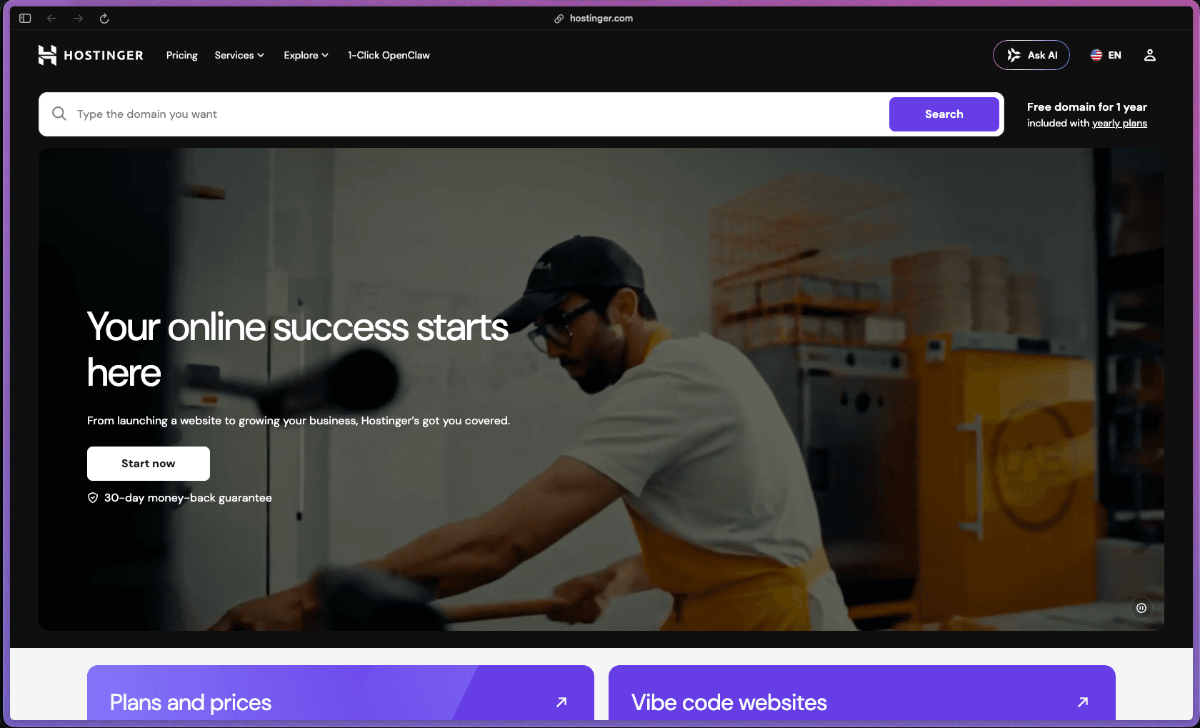 Hostinger homepage at hostinger.com showing a web hosting provider serving 29 million+ customers across 150+ countries since 2004. Rated 4.7/5 on Trustpilot from 69,634 reviews; rated 4.4/5 on G2 from 819 verified reviews; ranked #1 in 5 G2 shared hosting categories. Introductory annual subscription pricing with significant renewal rate increases (271–308% depending on plan) — 30-day money-back guarantee; no free tier. Hosting types: Shared Hosting (Single 50GB SSD, Premium 100GB SSD, Business 200GB NVMe, Cloud Startup 200GB NVMe), Managed WordPress Hosting, KVM VPS Hosting.