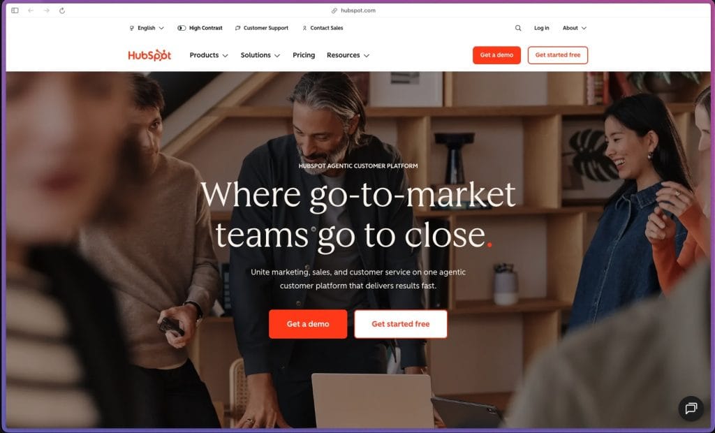 HubSpot homepage at hubspot.com showing an AI-powered all-in-one customer platform founded in 2006 (Cambridge, MA). Publicly traded on NYSE (HUBS) since 2014. 95,500+ customers across 120+ countries. Rated 4.4/5 on G2 from 35,000+ verified reviews; ranked #1 in 65 G2 categories. Freemium pricing: permanently free CRM (no time limit, no credit card required, includes contacts/deals/basic email/meeting scheduling/live chat); Starter from $15/seat/month; Marketing Hub Professional from $890/month + $3,000 mandatory onboarding fee; Enterprise from $3,600/month. AI credits billed for Breeze Agent usage at Professional and Enterprise tiers.