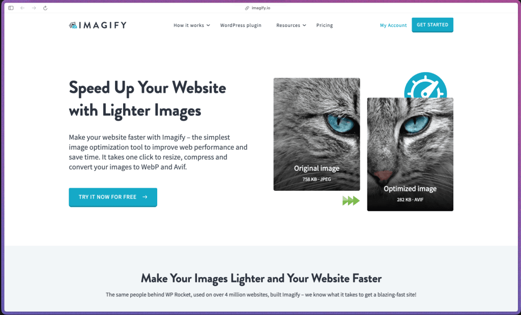 Imagify WordPress plugin dashboard showing image compression and WebP optimization settings