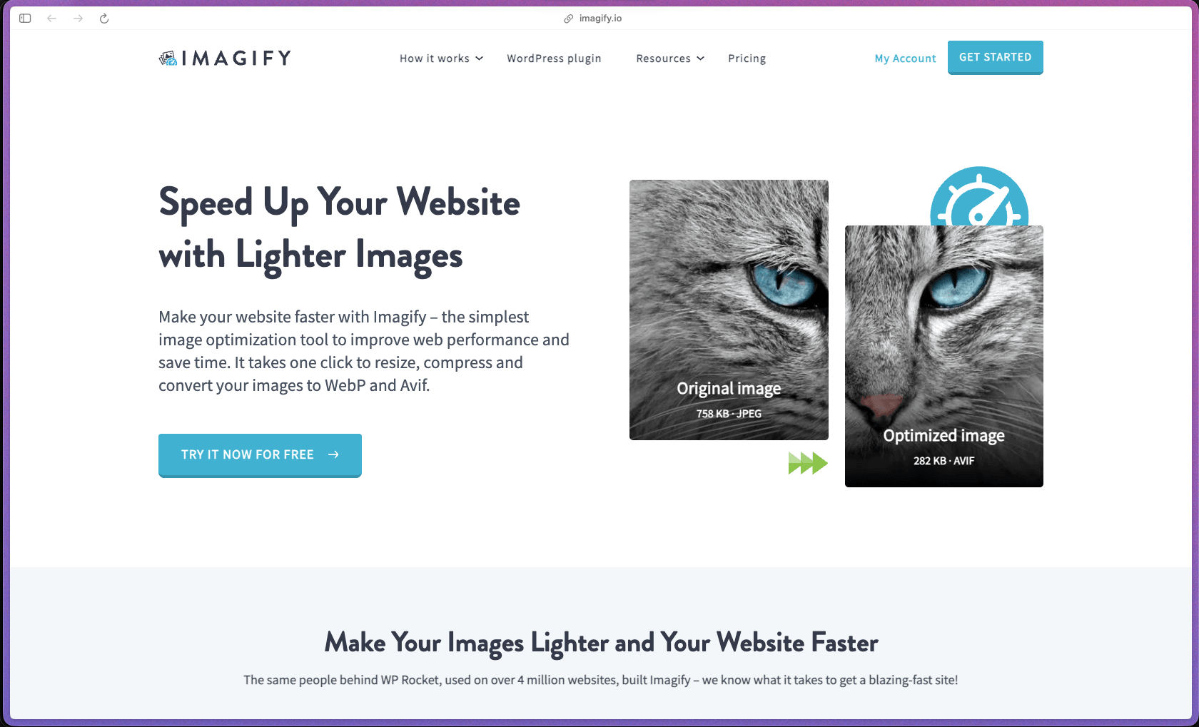 Imagify WordPress plugin dashboard showing image compression and WebP optimization settings
