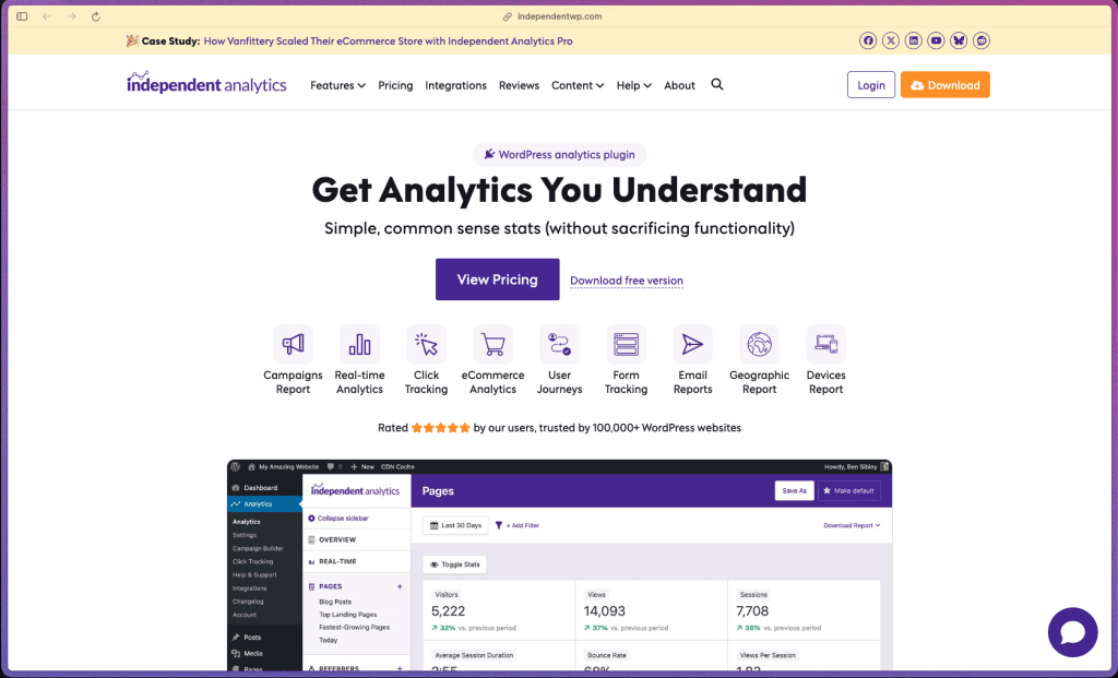 Independent Analytics WordPress dashboard showing visitor reports, pages report, and referrers report inside the WordPress admin