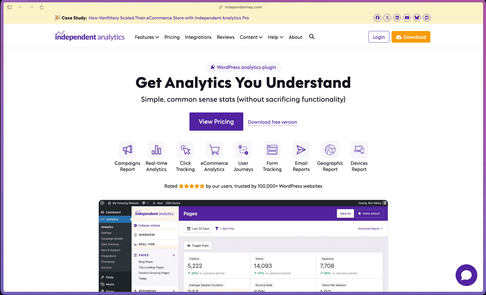 Independent Analytics WordPress dashboard showing visitor reports, pages report, and referrers report inside the WordPress admin