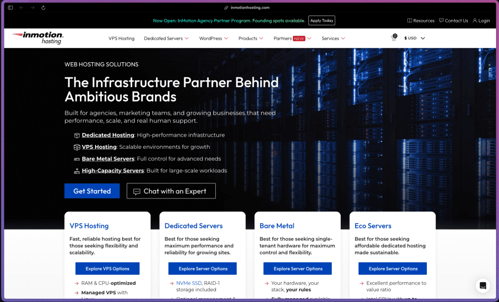 InMotion Hosting homepage showing managed VPS, dedicated, and shared web hosting plans with 24/7 support and 90-day money-back guarantee
