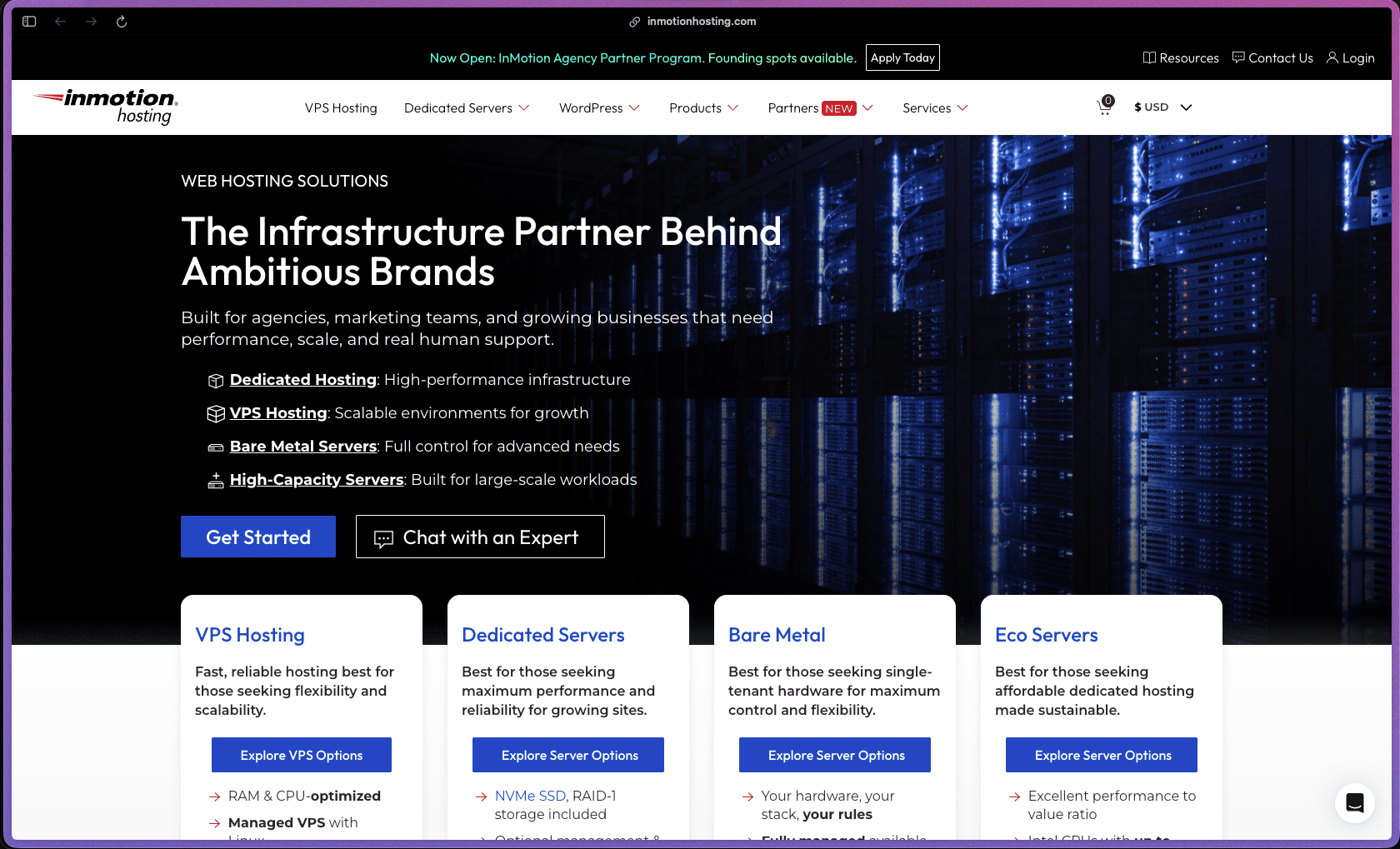 InMotion Hosting homepage showing managed VPS, dedicated, and shared web hosting plans with 24/7 support and 90-day money-back guarantee