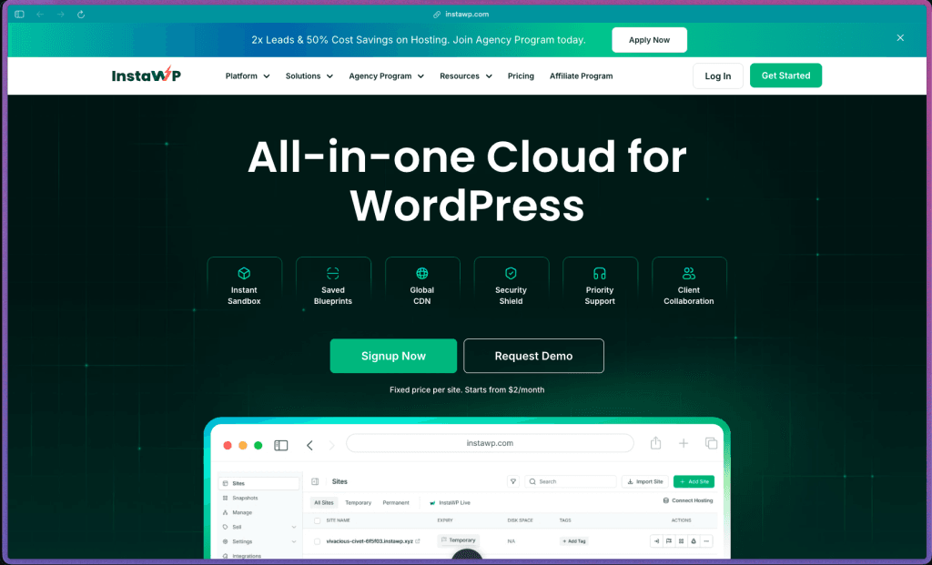 InstaWP homepage showing WordPress sandbox, staging, hosting, and site management tools in a single cloud dashboard