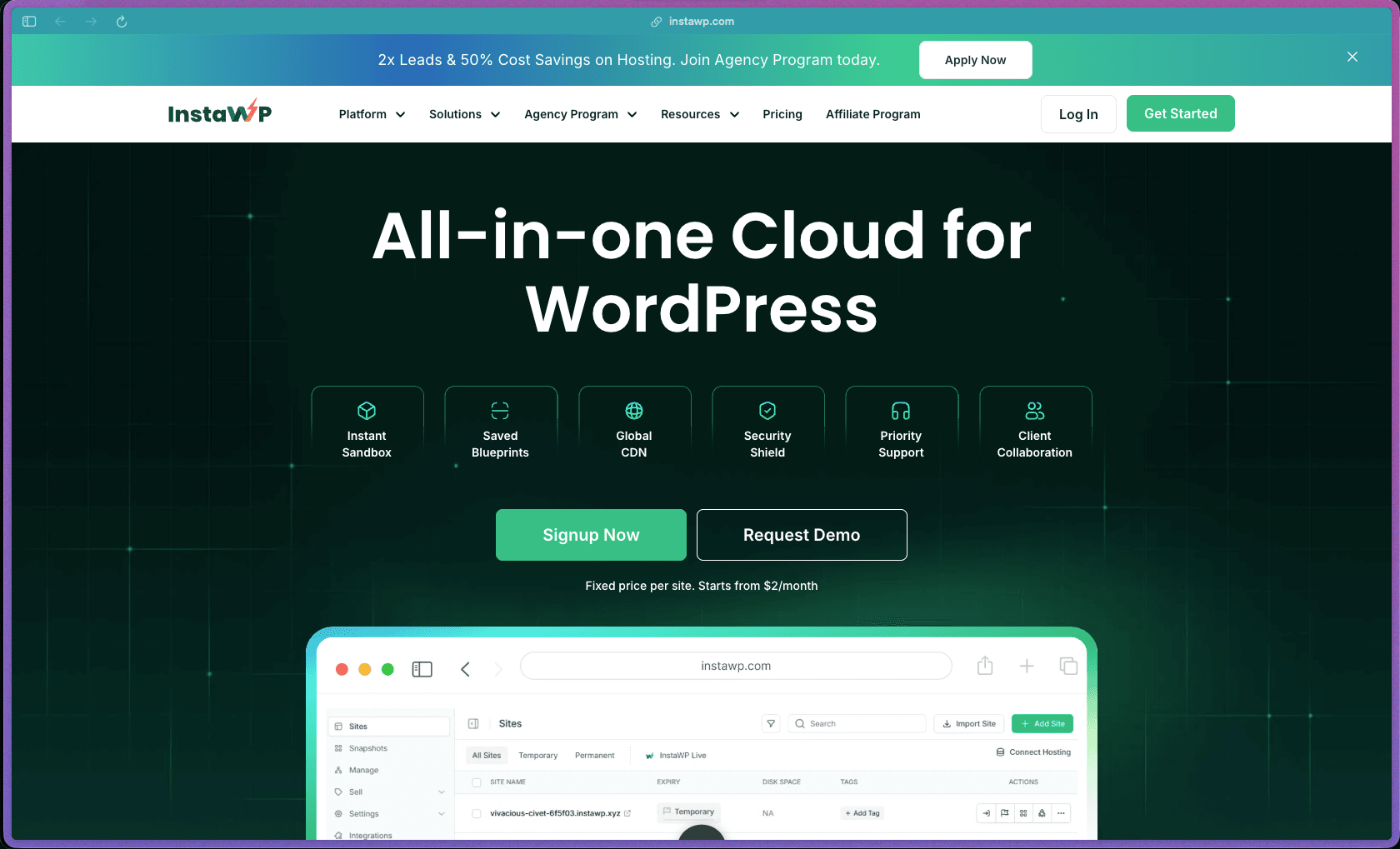 InstaWP homepage showing WordPress sandbox, staging, hosting, and site management tools in a single cloud dashboard