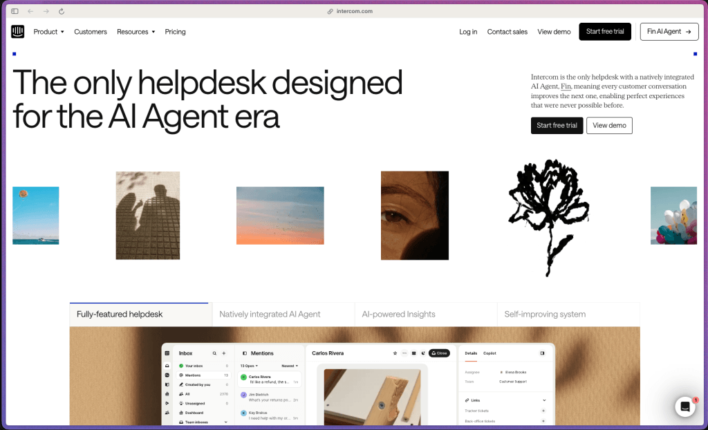 Intercom homepage showing the Fin AI Agent, omnichannel shared inbox, ticketing system, and customer service automation tools