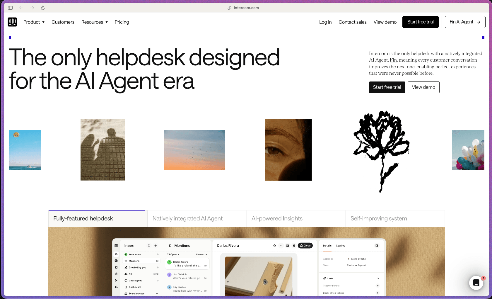 Intercom homepage showing the Fin AI Agent, omnichannel shared inbox, ticketing system, and customer service automation tools