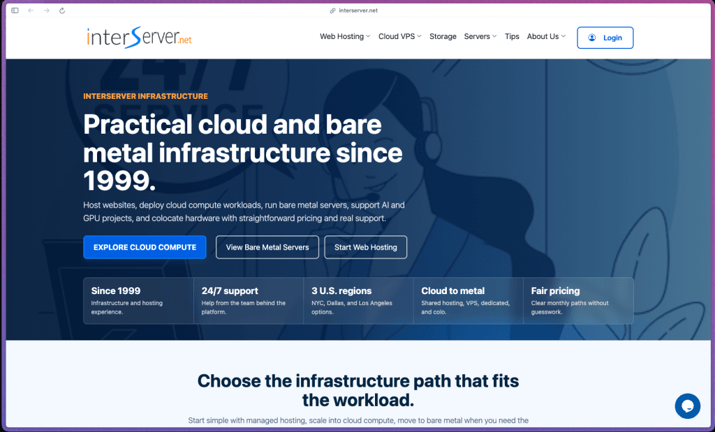 InterServer homepage showing managed web hosting, VPS, dedicated servers, and colocation plans with a lifetime price-lock guarantee