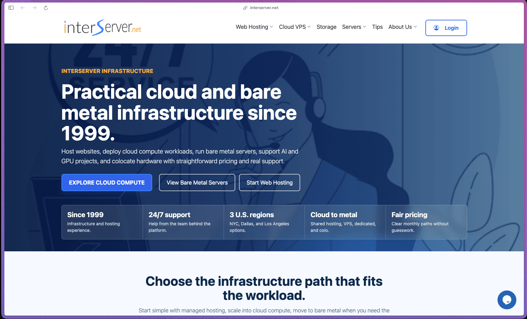 InterServer homepage showing managed web hosting, VPS, dedicated servers, and colocation plans with a lifetime price-lock guarantee