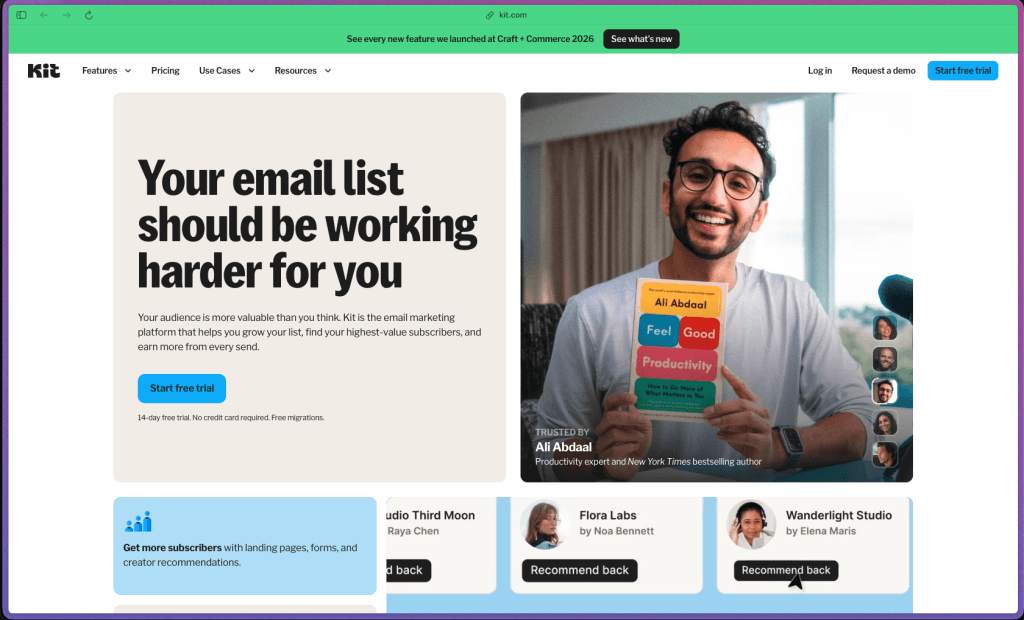 Kit (formerly ConvertKit) homepage at kit.com showing an email marketing and newsletter automation platform for creators, bloggers, authors, and coaches. Features include visual automation builder, subscriber tagging and segmentation, unlimited landing pages, digital product selling, paid newsletter subscriptions, virtual tip jars, newsletter sponsorships, and a Recommendations network for list growth.