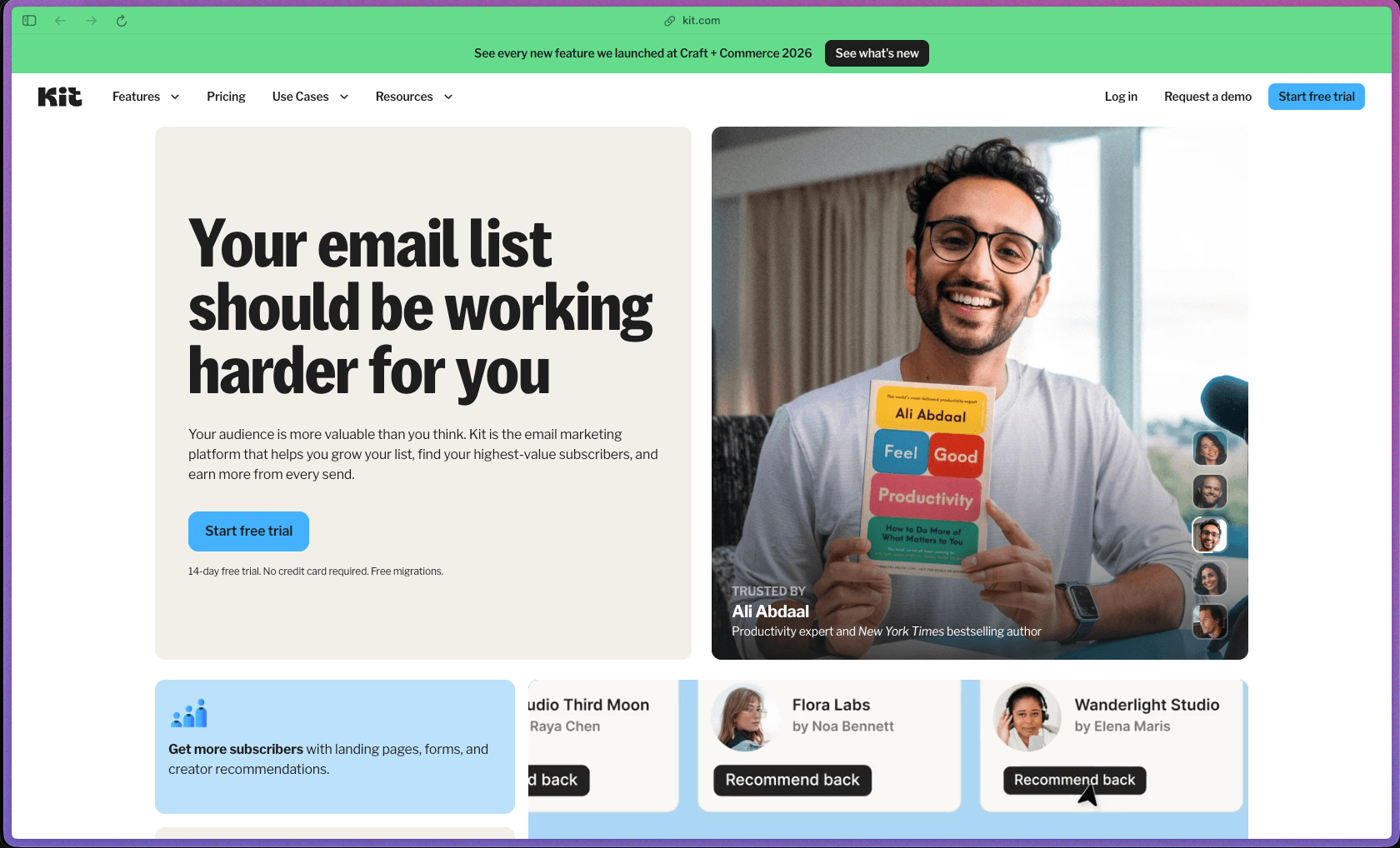 Kit (formerly ConvertKit) homepage at kit.com showing an email marketing and newsletter automation platform for creators, bloggers, authors, and coaches. Features include visual automation builder, subscriber tagging and segmentation, unlimited landing pages, digital product selling, paid newsletter subscriptions, virtual tip jars, newsletter sponsorships, and a Recommendations network for list growth.