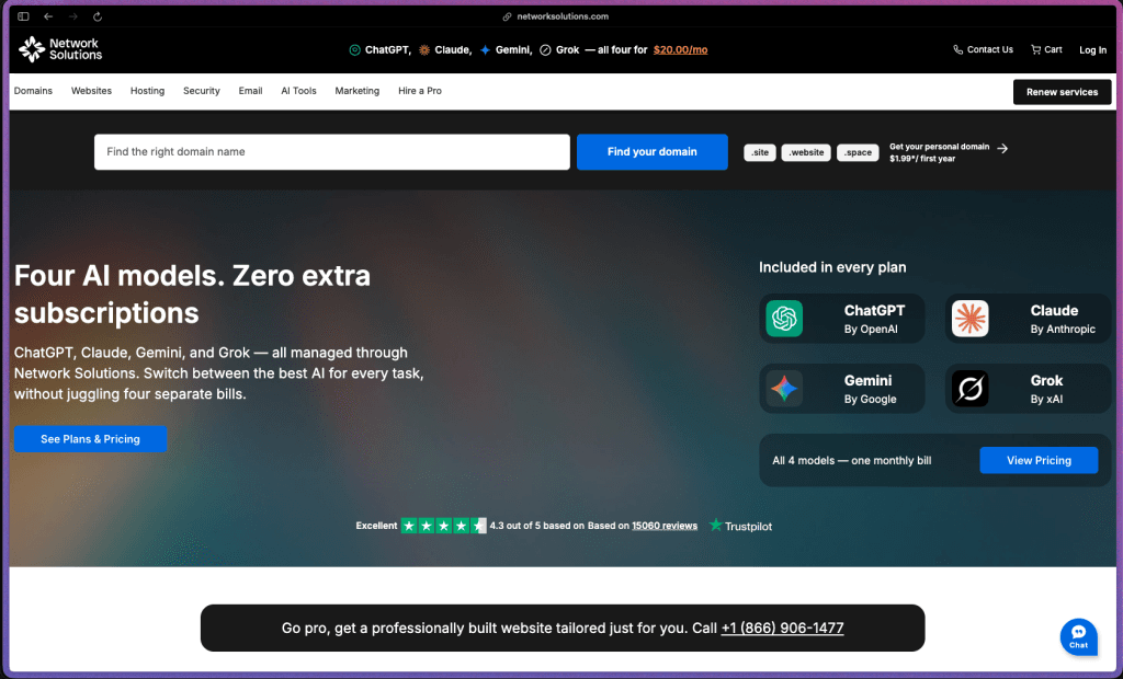 Network Solutions homepage showing domain registration, AI website builder, web hosting, business email, and digital marketing services for small businesses