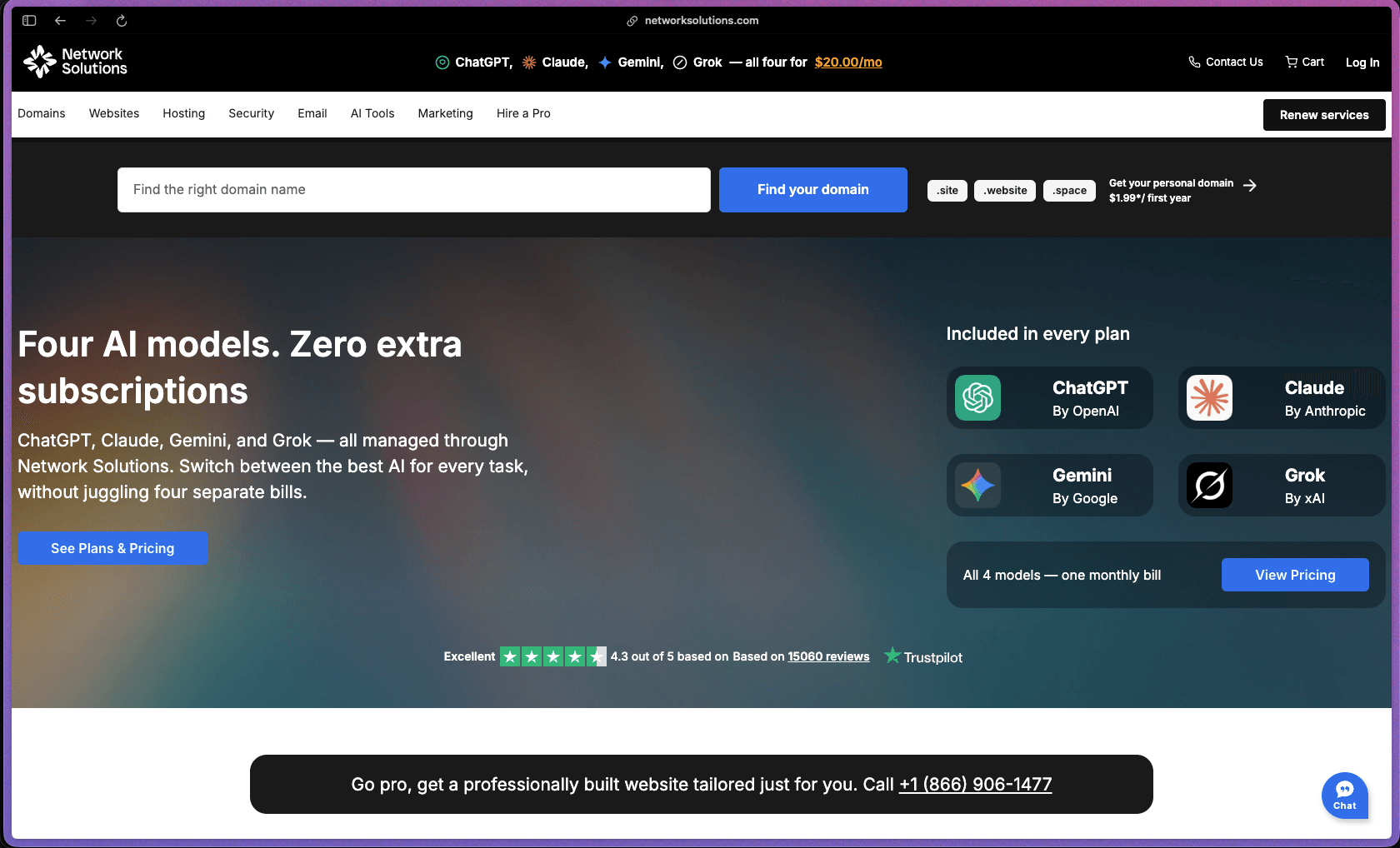 Network Solutions homepage showing domain registration, AI website builder, web hosting, business email, and digital marketing services for small businesses