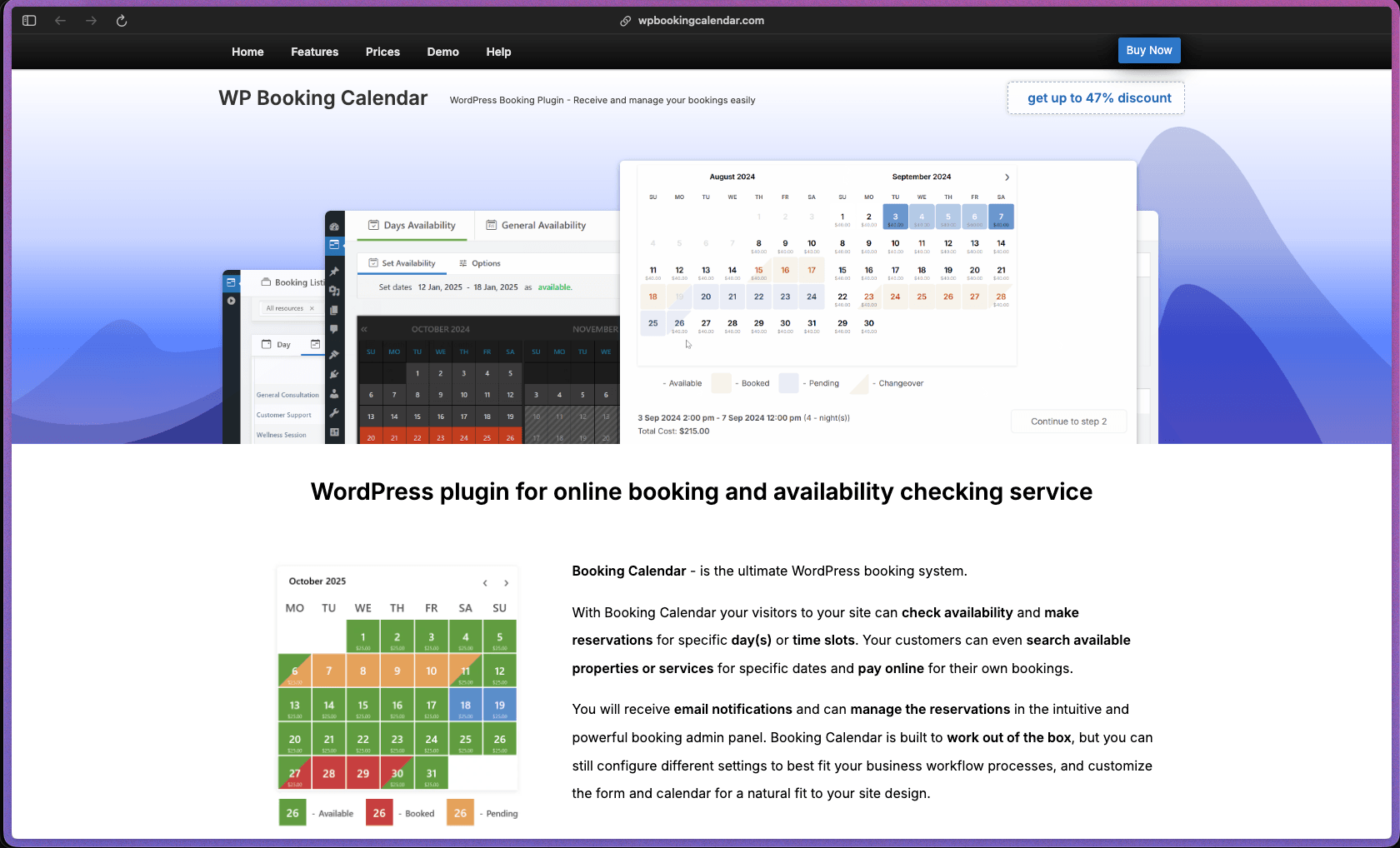 WP Booking Calendar homepage showing WordPress booking plugin for vacation rentals, service appointments, and equipment hire with drag-and-drop form builder, iCalendar sync with Airbnb and Booking.com, online payment support via Stripe and PayPal, seasonal pricing, capacity management, Google Calendar integration, and MultiUser admin panels for booking portals