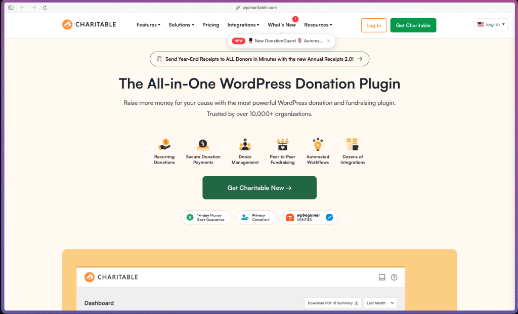 Charitable WP Charitable homepage showing WordPress donation plugin for nonprofits with visual donation form builder, unlimited campaigns and donors, zero transaction fees, recurring donations, peer-to-peer fundraising, crowdfunding, donor management system with donor dashboard and leaderboards, PDF tax receipts and annual receipts