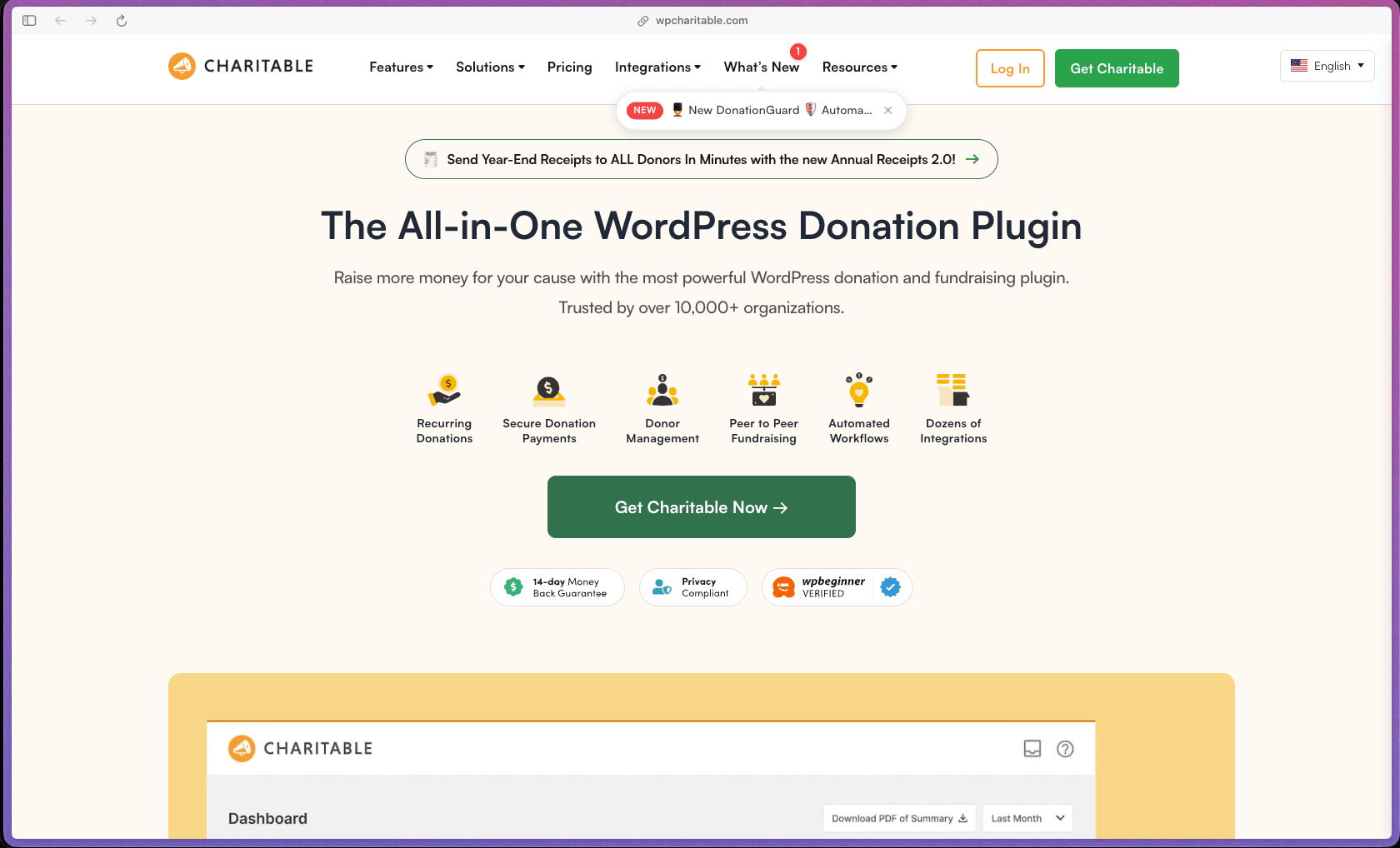 Charitable WP Charitable homepage showing WordPress donation plugin for nonprofits with visual donation form builder, unlimited campaigns and donors, zero transaction fees, recurring donations, peer-to-peer fundraising, crowdfunding, donor management system with donor dashboard and leaderboards, PDF tax receipts and annual receipts