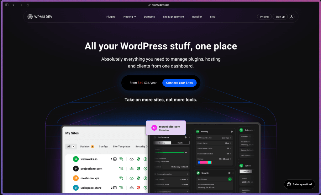 WPMU DEV homepage at wpmudev.com showing an all-in-one WordPress platform for agencies and freelancers. Includes 12 premium WordPress plugins (Defender security, Hummingbird performance, SmartCrawl SEO, Smush image optimization, Snapshot backups, Forminator forms, Shipper migration, Branda white-labeling, Beehive analytics, Hustle marketing), The Hub multi-site management dashboard, managed WordPress hosting with WAF, SSL, staging, and CDN, client billing with Stripe, branded client portal, white-label admin branding, bulk update management, uptime monitoring, and 24/7 live WordPress expert support.
