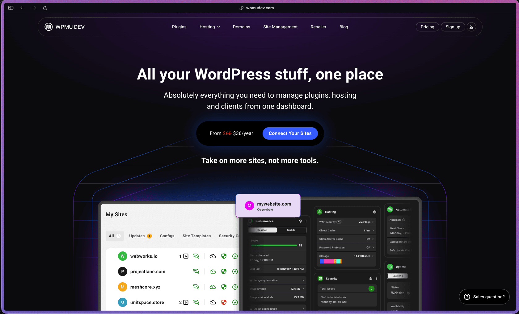 WPMU DEV homepage at wpmudev.com showing an all-in-one WordPress platform for agencies and freelancers. Includes 12 premium WordPress plugins (Defender security, Hummingbird performance, SmartCrawl SEO, Smush image optimization, Snapshot backups, Forminator forms, Shipper migration, Branda white-labeling, Beehive analytics, Hustle marketing), The Hub multi-site management dashboard, managed WordPress hosting with WAF, SSL, staging, and CDN, client billing with Stripe, branded client portal, white-label admin branding, bulk update management, uptime monitoring, and 24/7 live WordPress expert support.