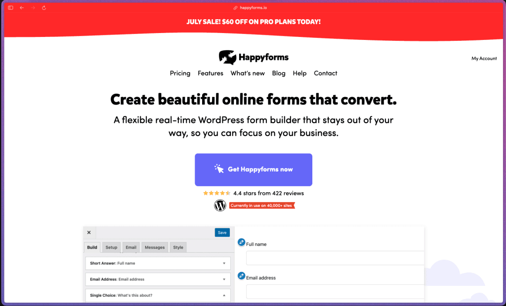 Happyforms homepage showing a WordPress form builder with live preview, payments, conditional logic, and built-in integrations