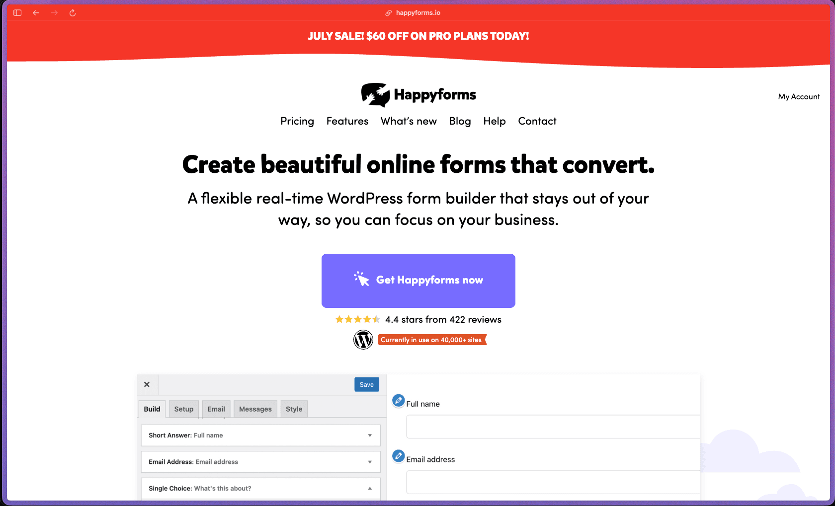 Happyforms homepage showing a WordPress form builder with live preview, payments, conditional logic, and built-in integrations
